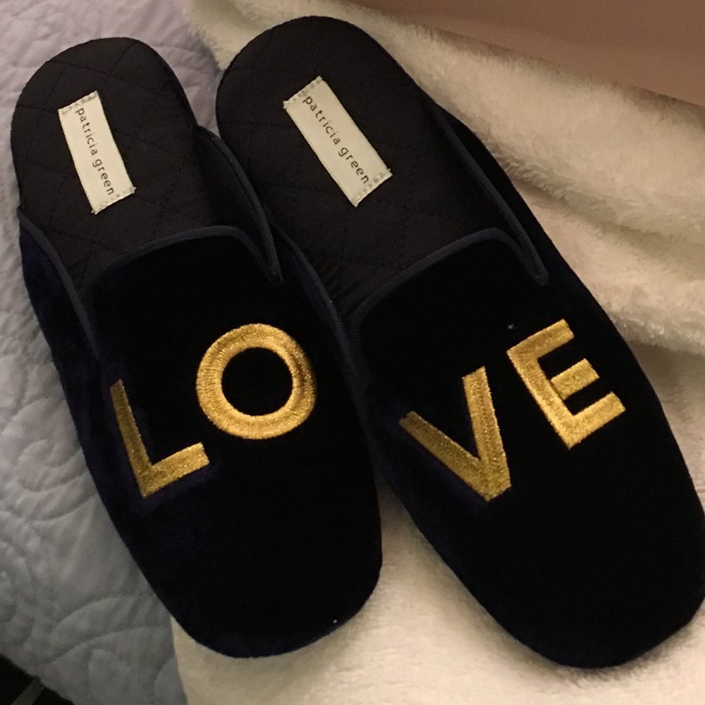 Navy Blue Velvet Slippers with Gold Lettering NWT - Picture 3 of 10